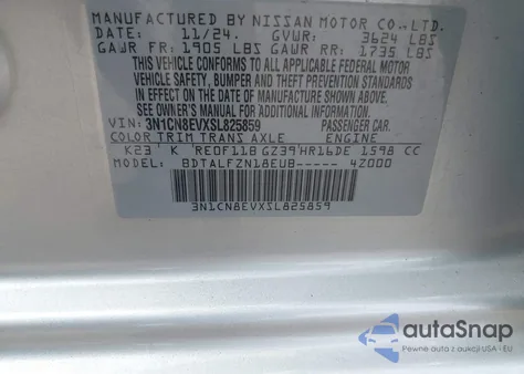 2025 Nissan Versa 1.6 Sv из США, поврежденный, VIN 3N1CN8EVXSL825859